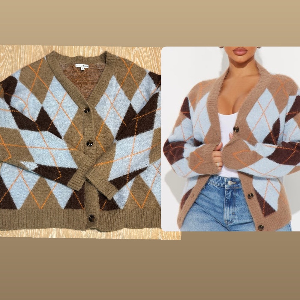 Fashion Nova Argyle Cardigan in Brown, Blue, and Cream